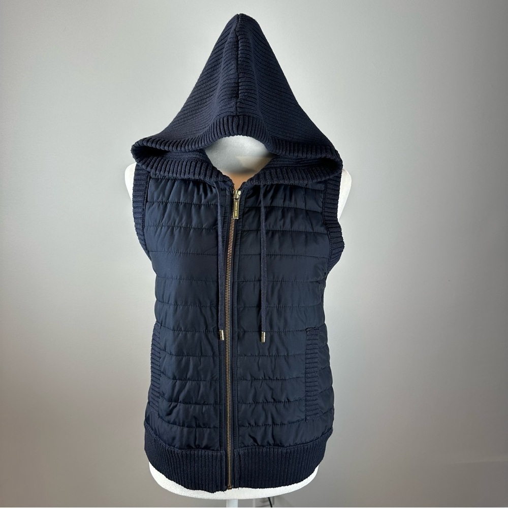 Michael Kors Navy Knit Puffer Vest M Hooded Quilted Mixed Media Zip
